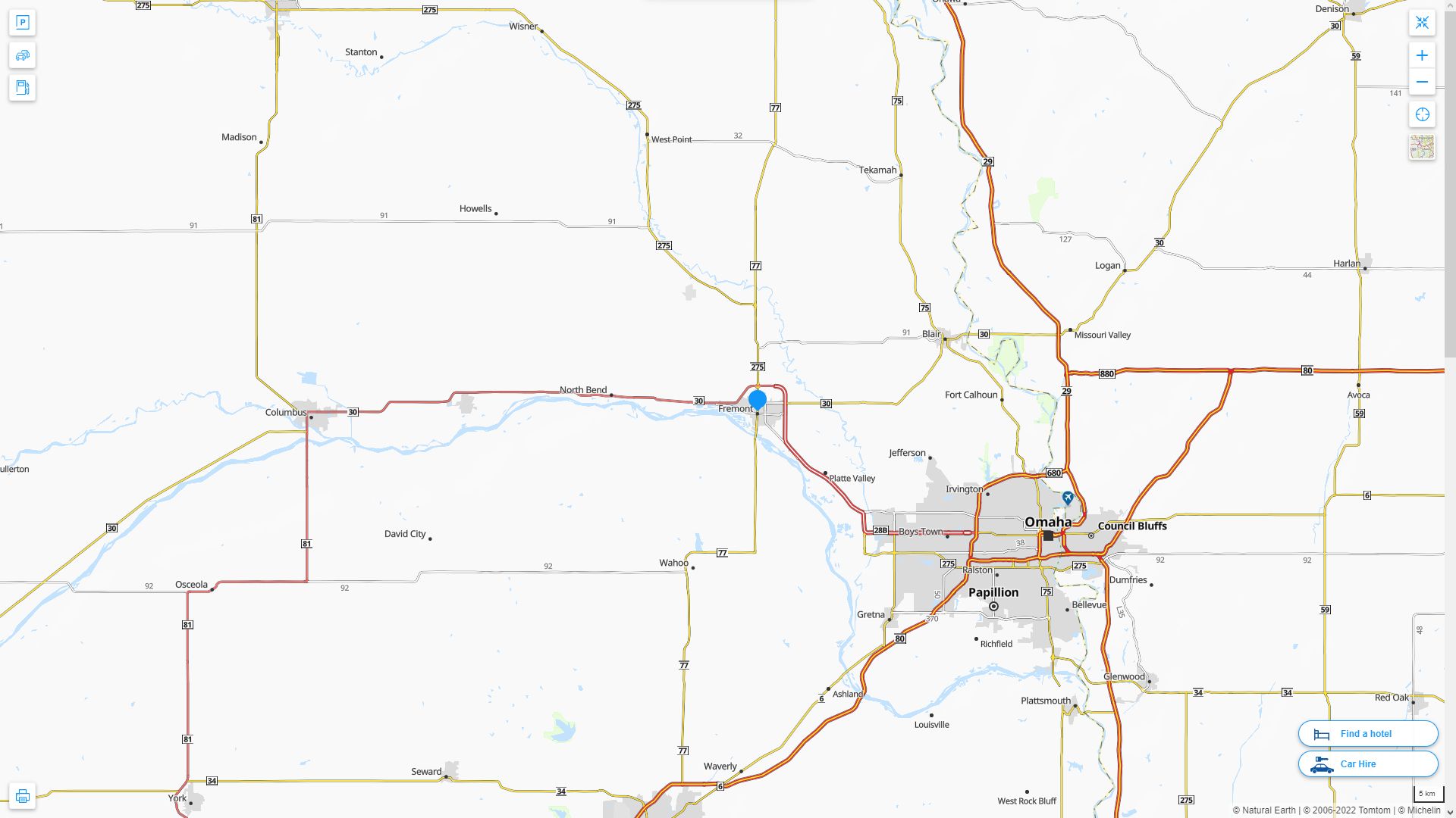 Fremont Nebraska Highway and Road Map